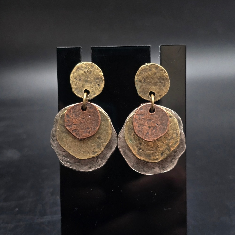 Mixed Metal Brutalist Earrings Round Dangle Drop Tricolor Hammered